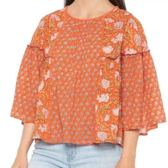 Rachel Zoe Orange Floral Block Print Peasant Top Shirt Size Small NWT - Picture 1 of 12